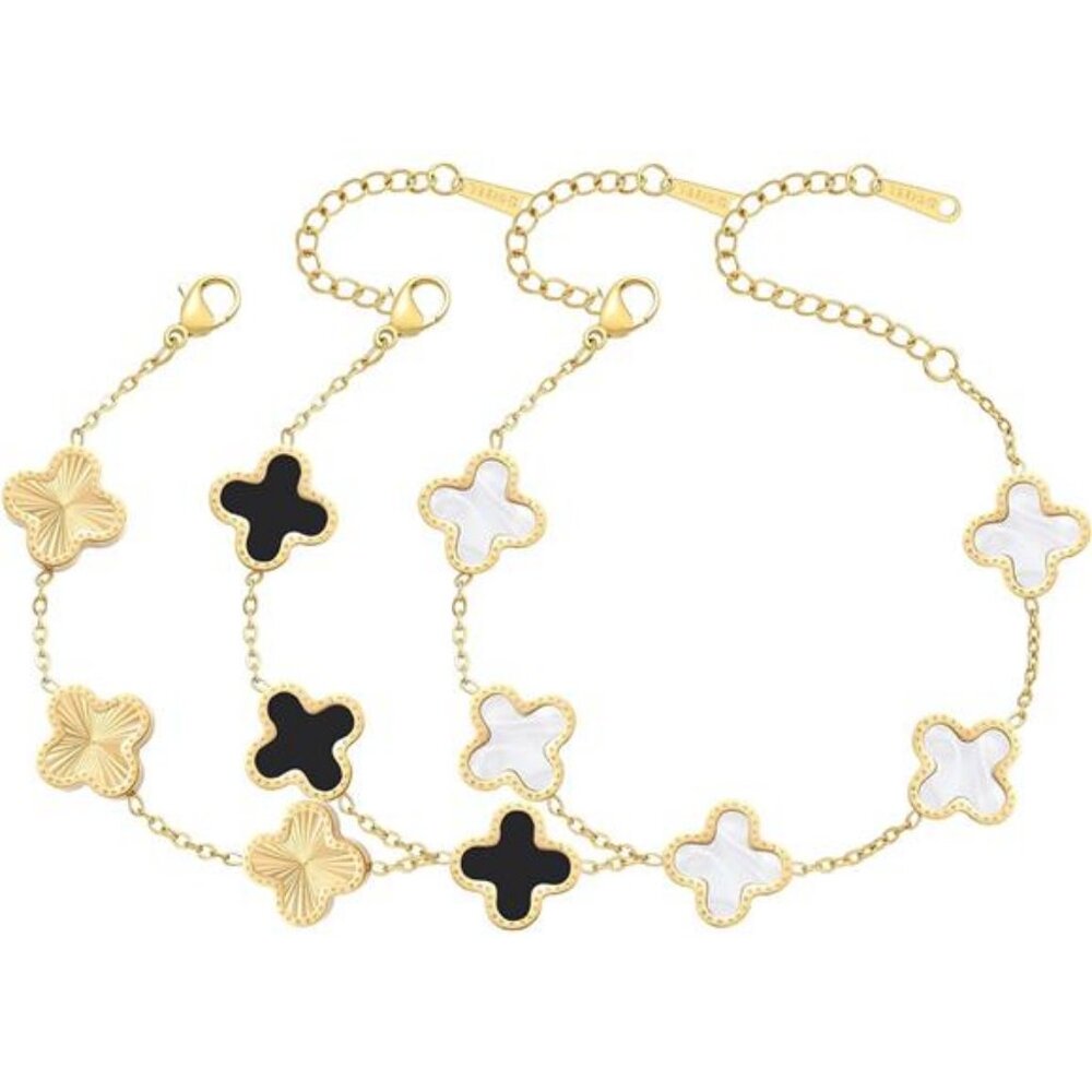 18K Gold Plated Bracelet Gold/White/Black Clover Bracelet Set for Women